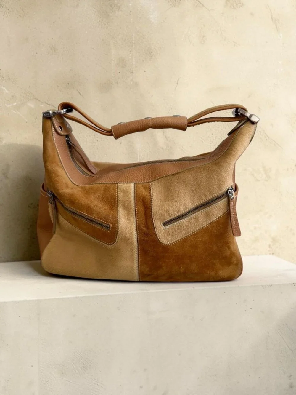 TODS Tan Suede Calf Hair Leather Top Shoulder Bag